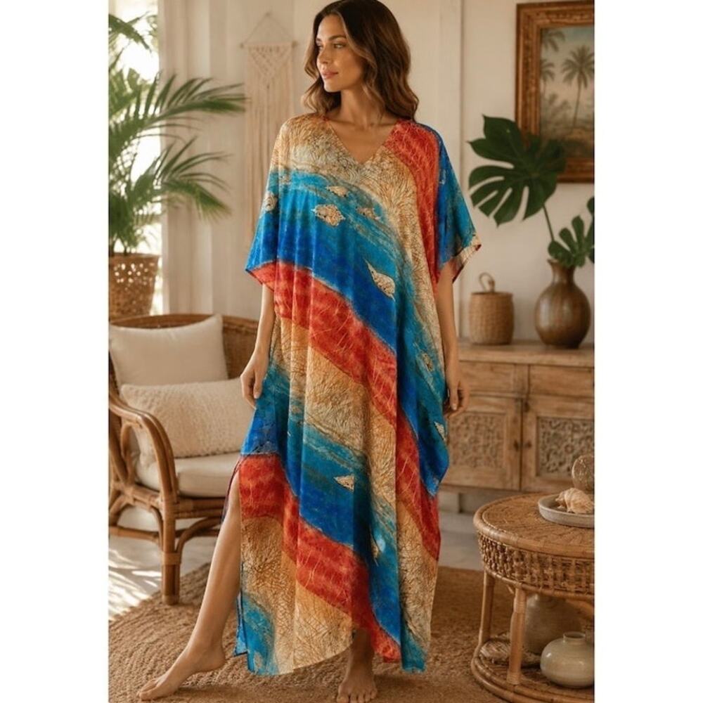 Vintage Winlar Satin Colorful Ocean Wave Beach Seashell Kaftan House Dress OSFM